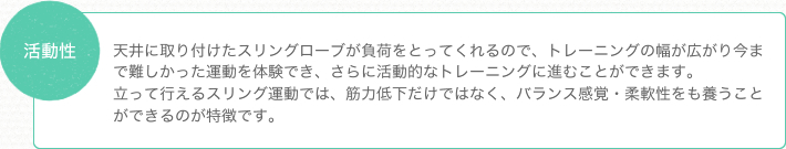 活動性 天井に取り付けたスリングローブが負荷をとってくれるので、トレーニングの幅が広がり今まで難しかった運動を体験でき、さらに活動的なトレーニングに進むことができます。立って行えるスリング運動では、筋力低下だけではなく、バランス感覚・柔軟性をも養うことができるのが特徴です。